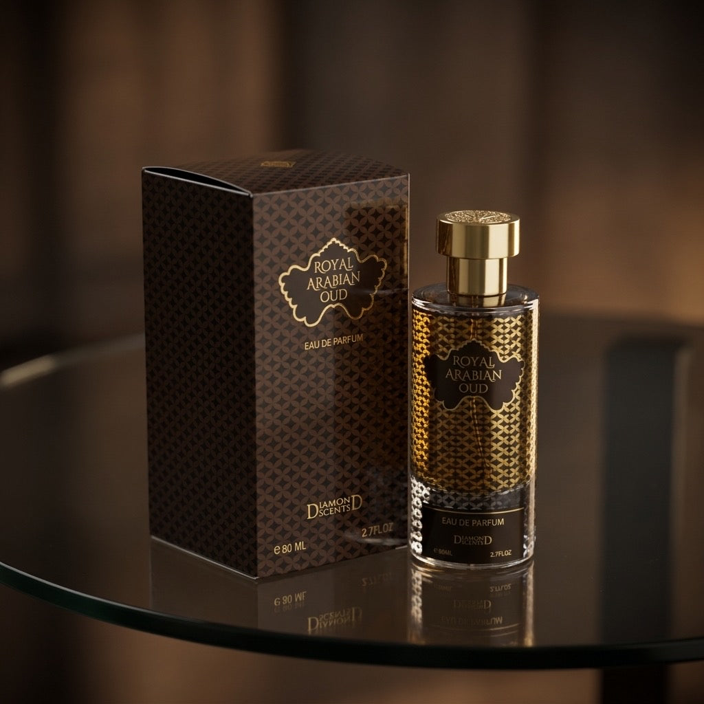 Bottle of Royal Arabian Oud Perfume with gold and black geometric design