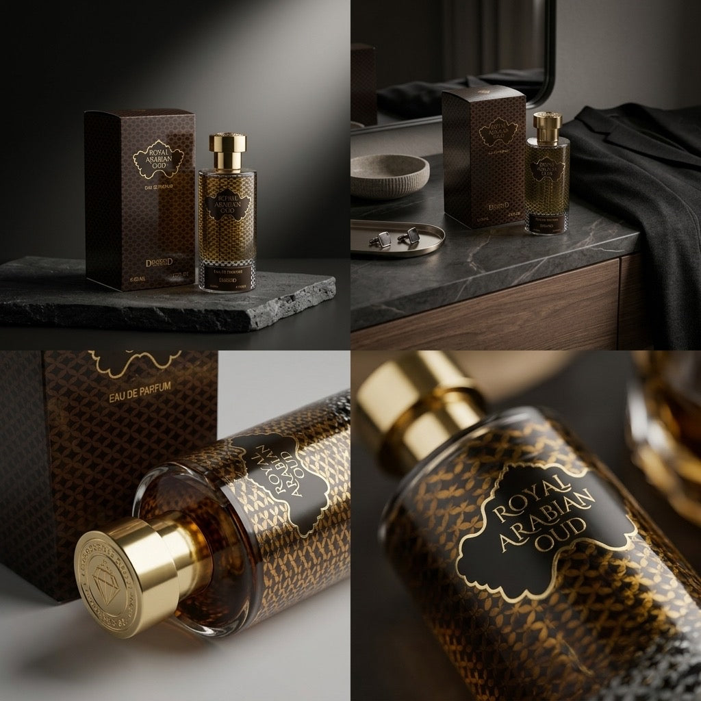 Bottle of Royal Arabian Oud Perfume with gold and black geometric design