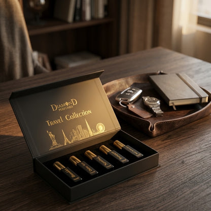 Diamond Perfumes Travel Collection including Baraka, Ombré Noir, Swagger, Spring, Royal Arabian Oud displayed elegantly on a table.