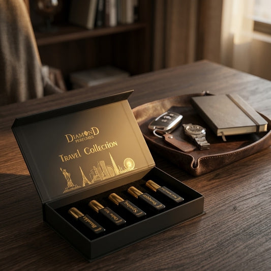 Diamond Perfumes Travel Collection including Baraka, Ombré Noir, Swagger, Spring, Royal Arabian Oud displayed elegantly on a table.