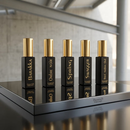 5 premium 10ml perfumes for every journey, wherever you go. This collection includes luxurious Ouds, refreshing fresh scents, and elegant French fragrances. Compact, long-lasting, and perfect for travel, daily use, gifting, or every mood and occasion.