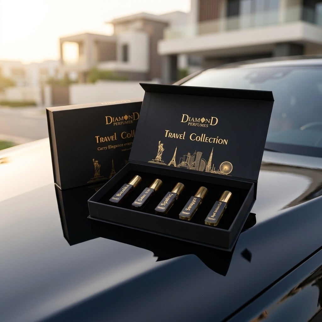 5 premium 10ml perfumes for every journey, wherever you go. This collection includes luxurious Ouds, refreshing fresh scents, and elegant French fragrances. Compact, long-lasting, and perfect for travel, daily use, gifting, or every mood and occasion.